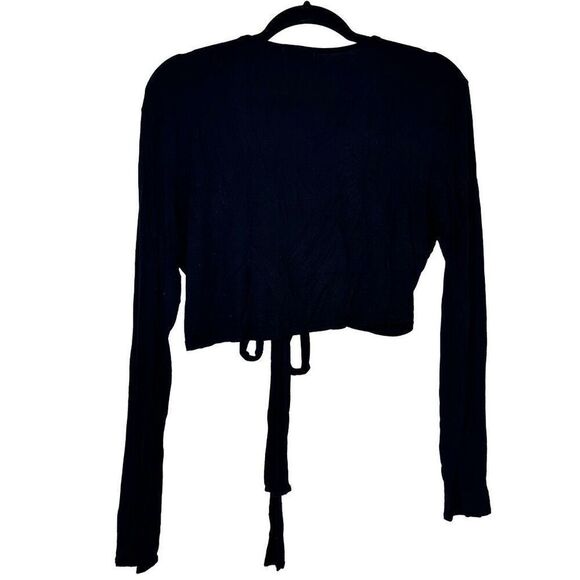 PrettyLittleThing Tie Front Jersey Long Sleeve Stretch Cropped Top Black Size 12 - Picture 3 of 5